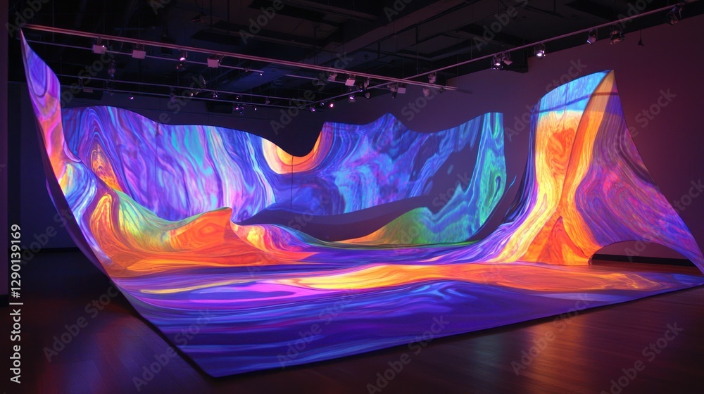 Poster Immersive Art Installation with Vibrant Colors and Abstract Patterns Creating a Dreamlike Atmosphere in Modern Gallery Space