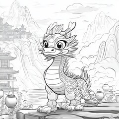 Adorable Baby Dragon in a Serene Chinese Landscape - Line Art Illustration