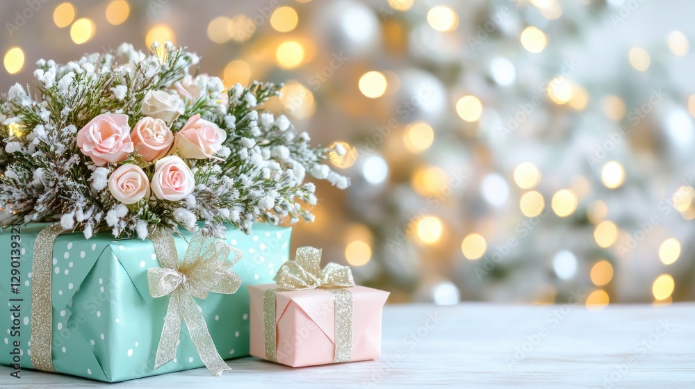 Poster Festive Christmas gifts with delicate roses and snowy pine branches against a bokeh background creating a warm and inviting holiday atmosphere