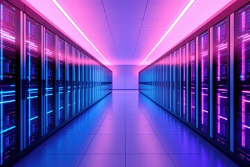 Cloud Computing Software Latency. Vibrant server room with blue and pink neon lighting.