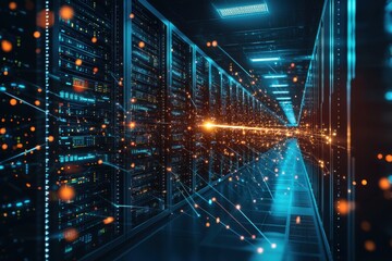 Cloud Computing Software Latency. High-tech data center with glowing servers and digital effects.