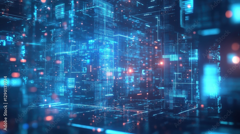 Poster futuristic abstract digital data visualization with glowing lines and particles in a 3d space enviro