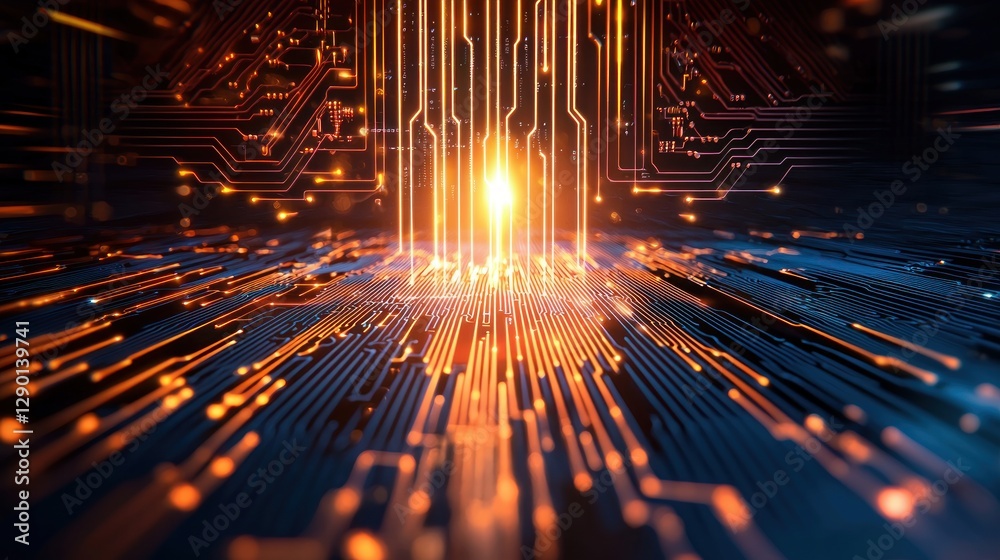 Poster Futuristic circuit board with glowing orange pathways symbolizing advanced technology and innovative data transfer in a digital age with a dark blue background