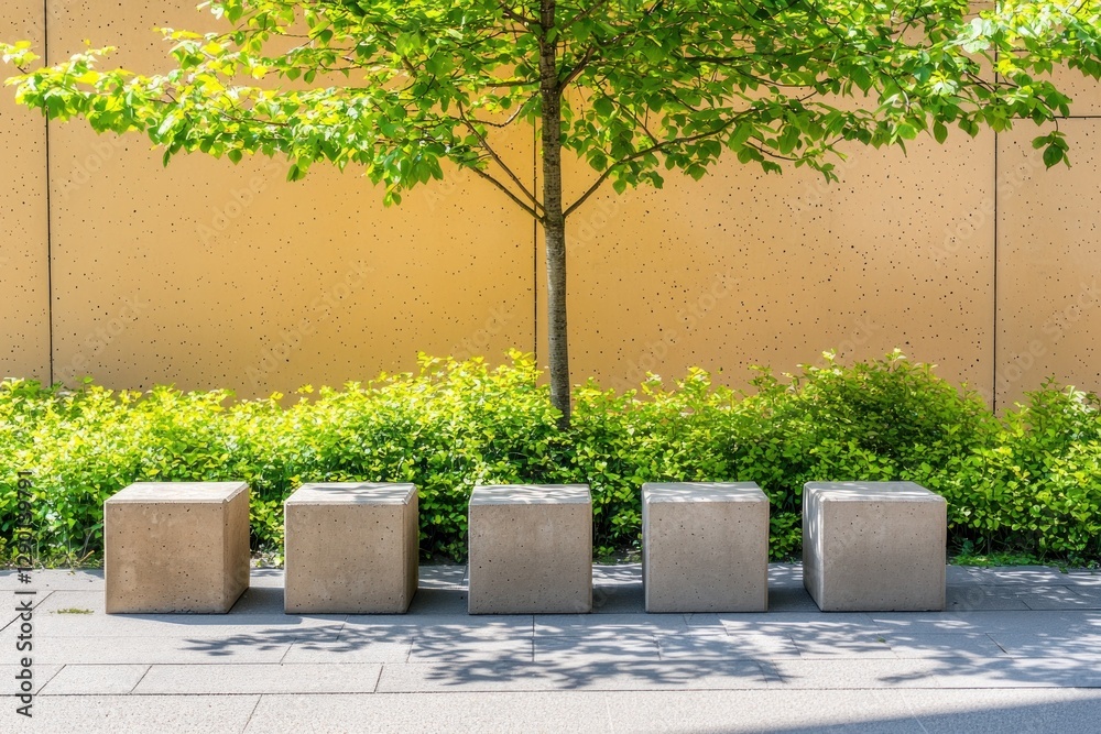 Poster five concrete benches under a tree with fresh green leaves in front of a building on a sunny afterno
