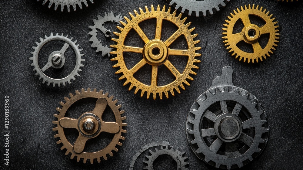 Poster Intricate Arrangement of Metallic Gears on Textured Dark Background Displaying Precision and Engineering with Industrial Aesthetic and Mechanical Composition