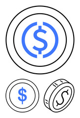 Dollar sign highlighted on three stylized coins in black and blue. Ideal for finance, banking, savings, investments, economy, cryptocurrency, budgets. Abstract line flat metaphor