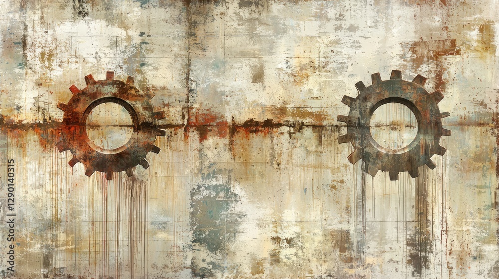 Poster Industrial gears in abstract grunge arrangement on weathered texture with rust effect and neutral tones artistic vintage design