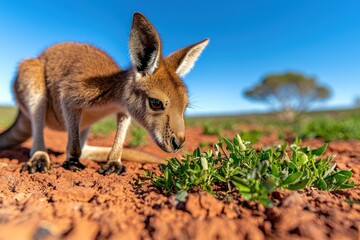 Fototapeta premium Adorable joey grazing on succulent green plants in the vast Australian outback under a clear blue sky with a distant tree