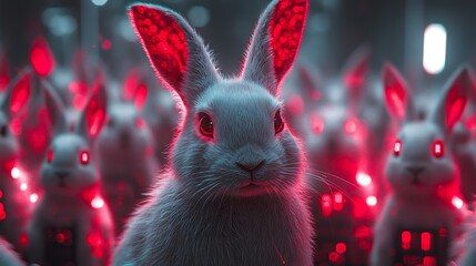 Cloned rabbits with glowing red eyes in a futuristic scene