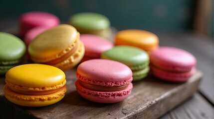 French Macarons on a Rustic Wooden Table An Elegant and Delicious Gourmet Treat with Assorted Flavors