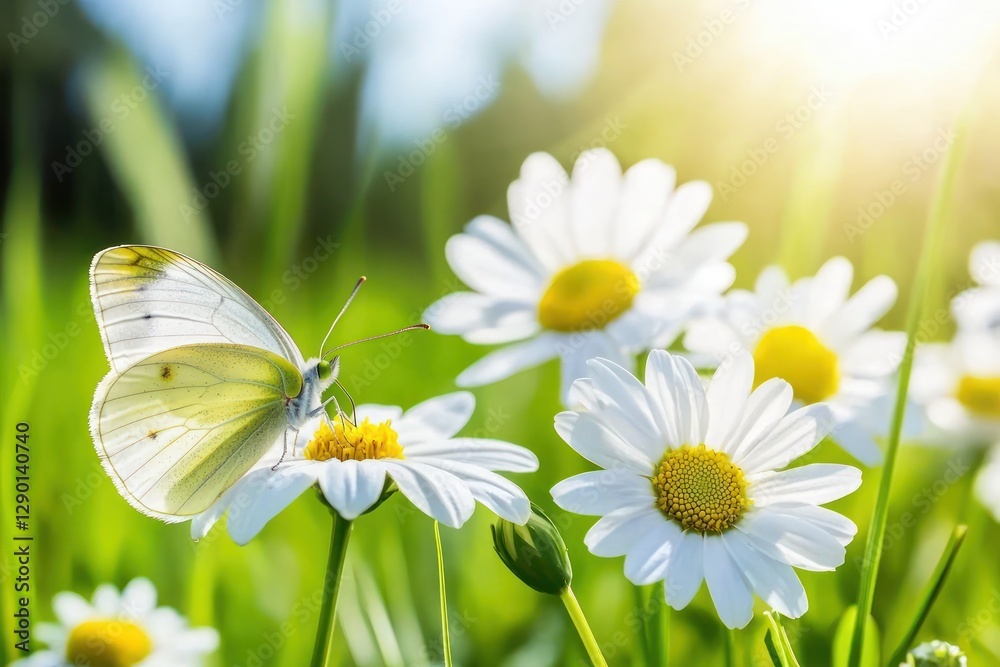 Aufkleber Delicate cabbage white butterfly resting on a daisy flower in a sunny meadow creating a peaceful spring scene with a shallow depth of field and soft lighting