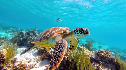 Obraz premium Graceful sea turtle swimming serenely in turquoise ocean water near vibrant coral reef ecosystem underwater marine life