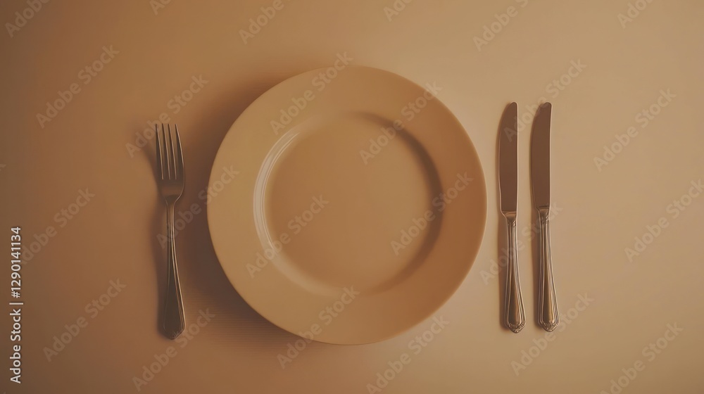Poster minimalist dining scene with plate fork and knives on beige background elegant simplicity for culina