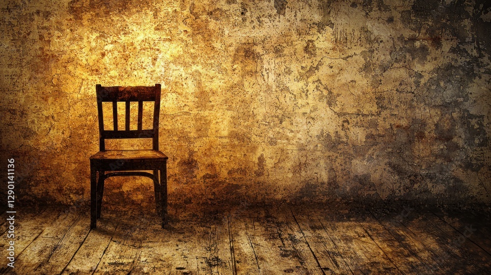 Aufkleber rustic wooden chair in an aged room with a weathered wall and floor creating a vintage and moody atm