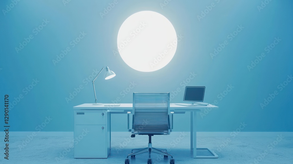 Aufkleber minimalist office space with desk chair laptop and lamp in blue tones for modern workspace design an