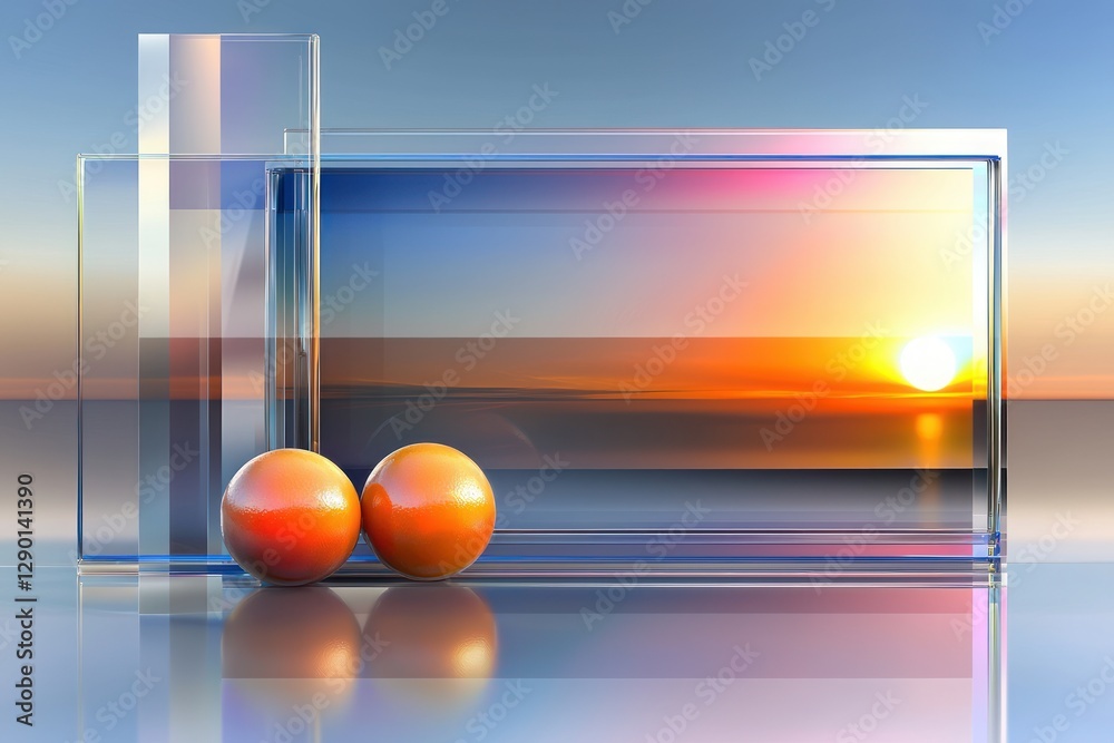 Fototapete modern art composition featuring two oranges against sunset in glass framework creates visual depth 