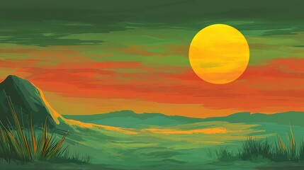 Scenic Yellow Sun on Horizon at Dramatic Sunset over Mountainous Landscape in Green and Orange Sky