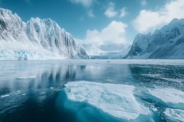 Fototapeta premium Icy arctic landscape reflecting on the sea with mountains and glaciers in the background