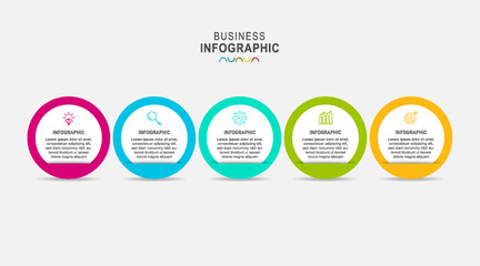 infographic template with 3D paper label, integrated circles. Business concept with 5 options. For content, diagram, flowchart, steps, parts, timeline infographics, workflow, chart.