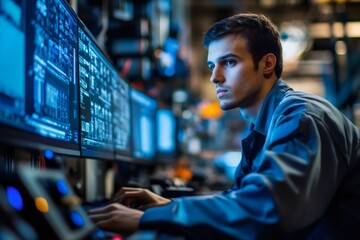 Fototapeta premium Industrial engineer working and controlling machines using computers in a dark factory