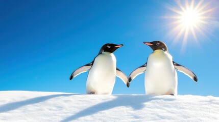 Fototapeta premium Two Adelie Penguins Standing on Snowy Hill Under Bright Sunlight Against Clear Blue Sky in Antarctica