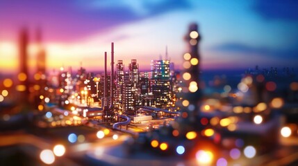 Fototapeta premium Dramatic cityscape of industrial complex at twilight with vibrant colors and bokeh lights aerial view