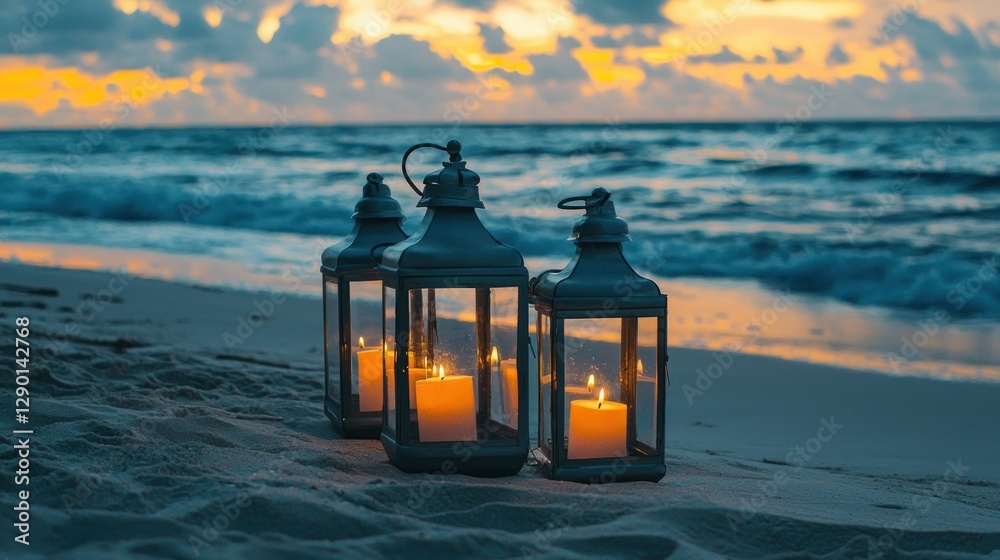 Poster three decorative lanterns illuminating a serene beach scene during sunset creating a tranquil atmosp
