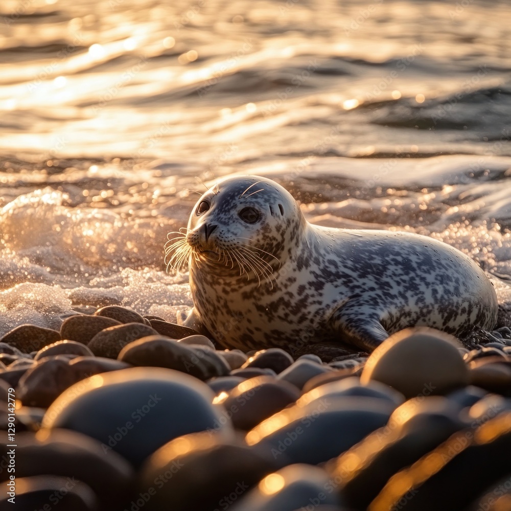 Poster captivating seal basking in the golden sunset glow on a rocky beach serene ocean waves and smooth pe