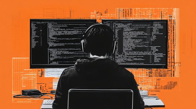 Artistic Collage of Computer Code and Software Development Illustration
