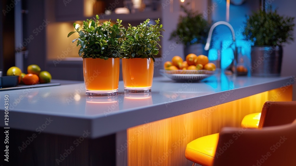 Poster serene kitchen island adorned with vibrant potted plants and fresh citrus fruits creating a modern a