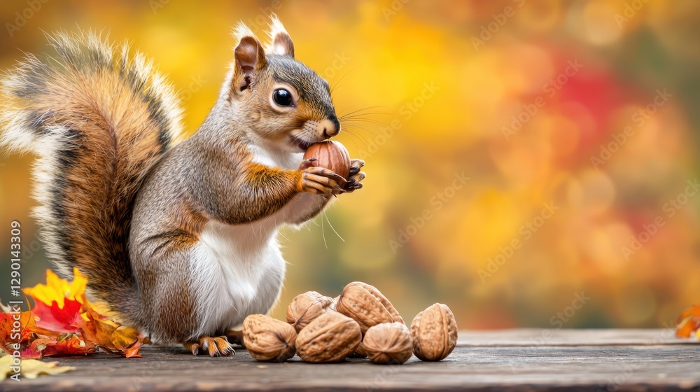 Poster captivating squirrel enjoying a walnut amidst vibrant autumn foliage on rustic wood surface in natur