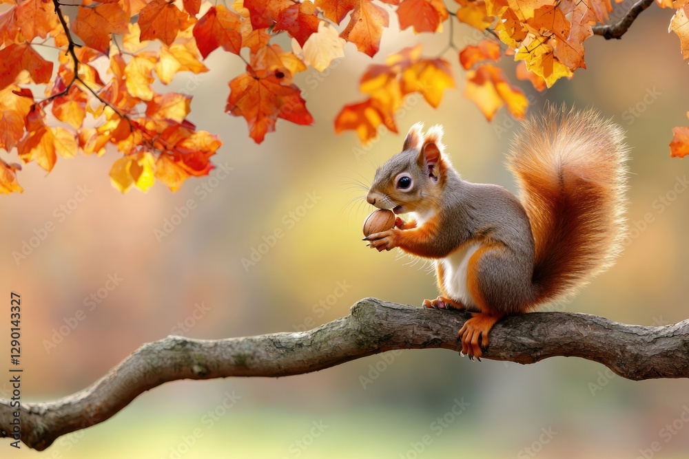 Poster adorable squirrel perched on a branch amidst vibrant autumn foliage enjoying a delicious nut in a se