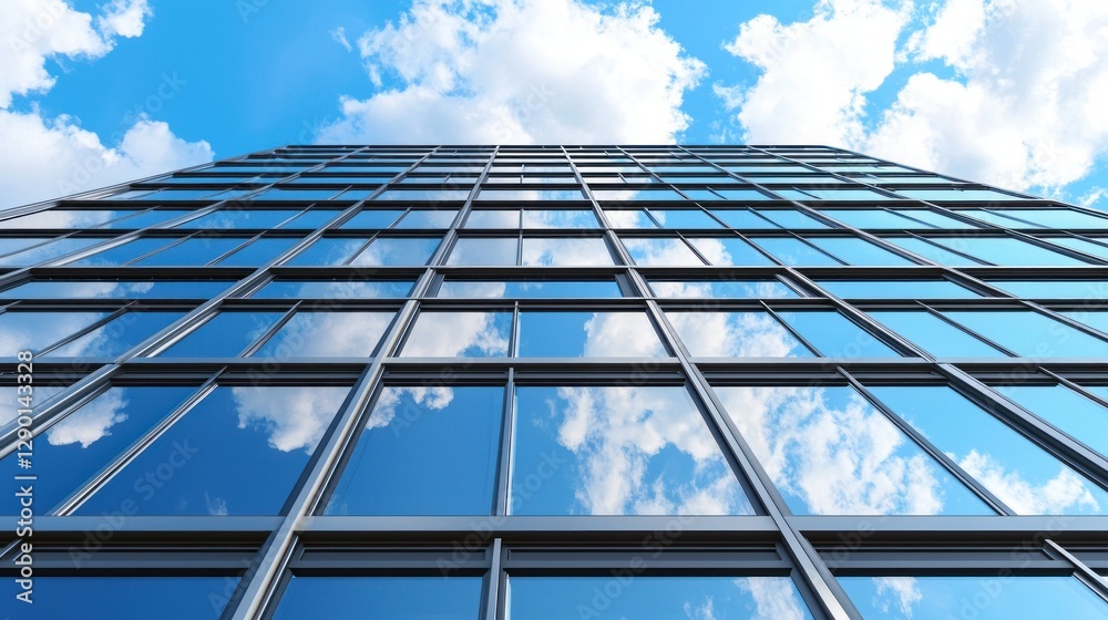 Poster Abstract building reflection of blue sky and white clouds creating dynamic contrast and soaring sense of modern architecture