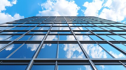 Abstract building reflection of blue sky and white clouds creating dynamic contrast and soaring sense of modern architecture