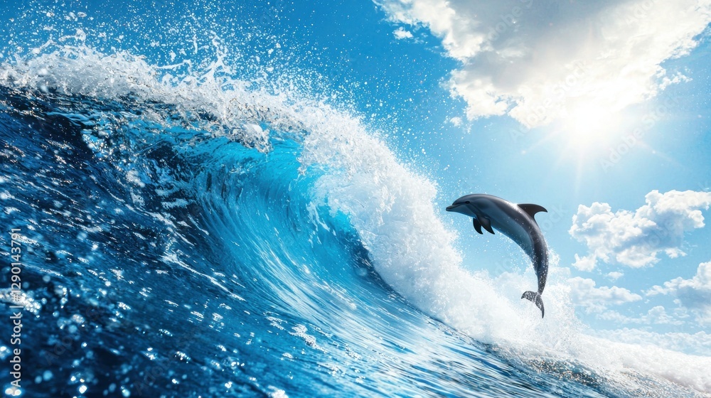 Aufkleber Dolphin leaps from a powerful turquoise wave under a bright sun against a blue sky with fluffy clouds creating a dynamic and captivating marine scene