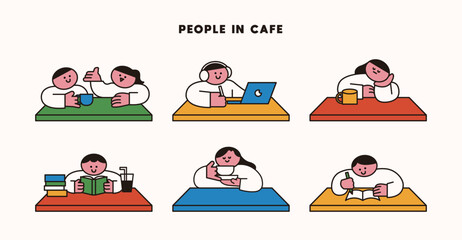 People at the cafe Six table illustration cartoon characters
