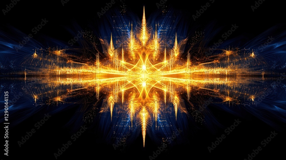 Leinwandbilder Symmetrical abstract fractal art with glowing golden light on dark blue background creating a magical and futuristic atmosphere with a low angle