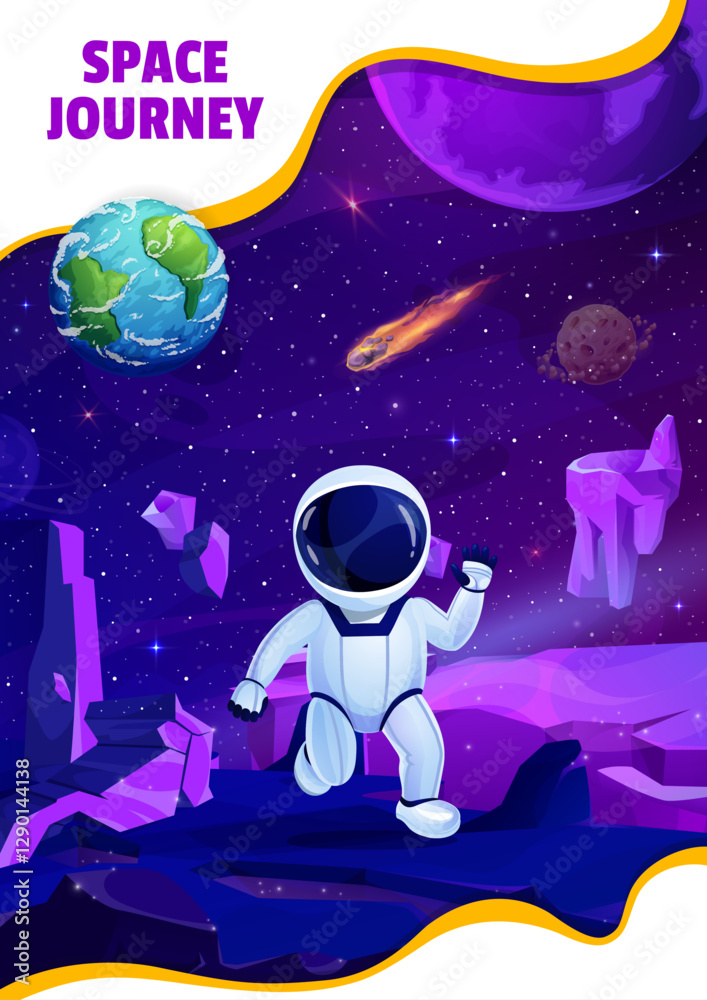 Poster cartoon astronaut in outer space on planet surface. starry galaxy vector landscape of alien world wi