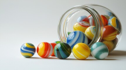 Fototapeta premium Colorful Marbles Spill from Glass Jar Creating a Playful Scene on White Background Bright Colors and Smooth Texture Evoke Nostalgia and Joy