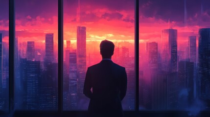 Fototapeta premium A businessman looking out from his office window, admiring the horizon filled with modern high-rise buildings
