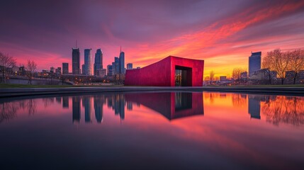 Modern Building Facade Reflecting City Skyline at Sunset