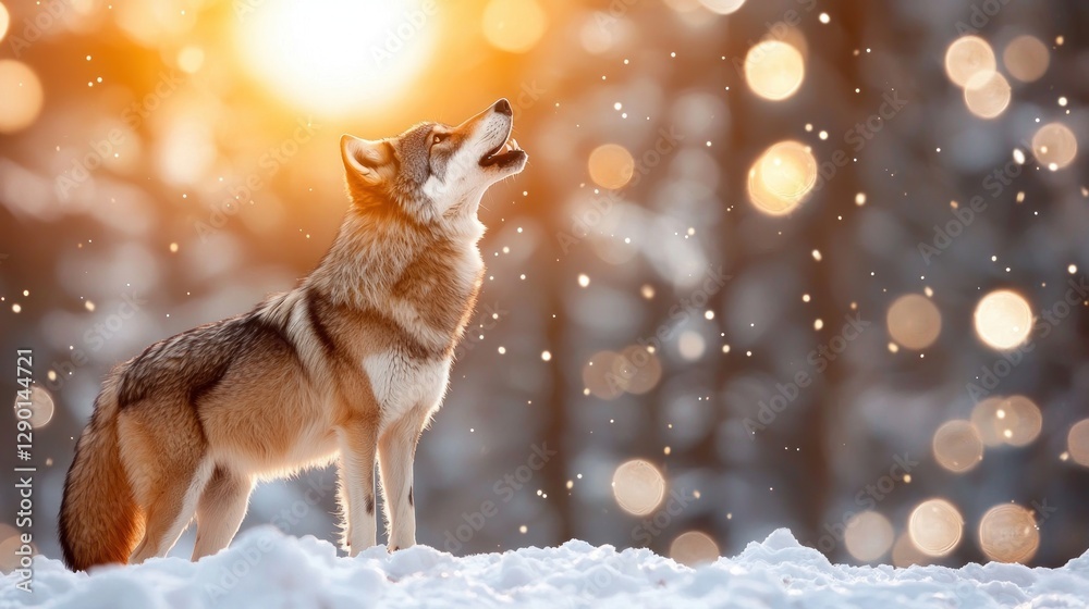 Poster majestic wolf howling at the sun in a snowy winter landscape with bokeh lights creating a magical at