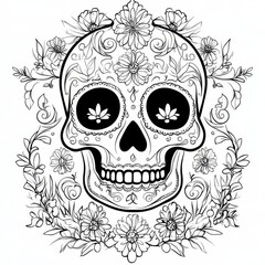 Fototapeta premium Ornate Sugar Skull with Floral Wreath Day of the Dead Coloring Page Design