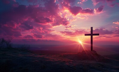 Fototapeta premium Cross on the Hilltop at Sunset