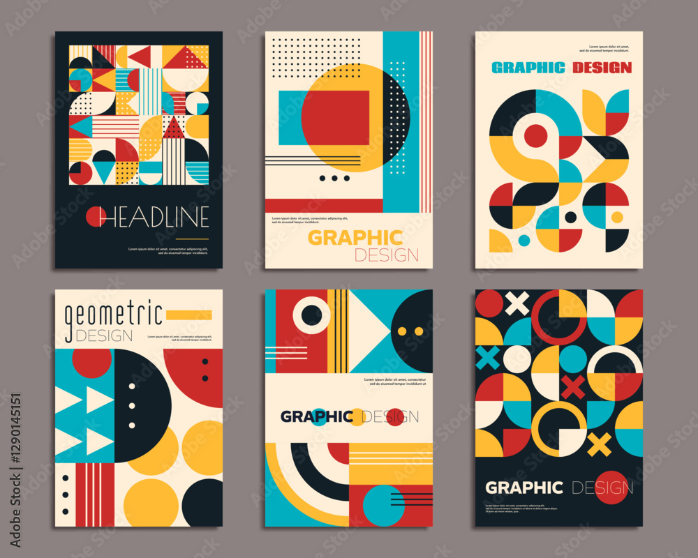 Poster Retro posters with geometric abstract patterns. Simple geometry shapes vector backgrounds set with circles, triangles and squares, dots and crosses pattern. Modern minimal art posters