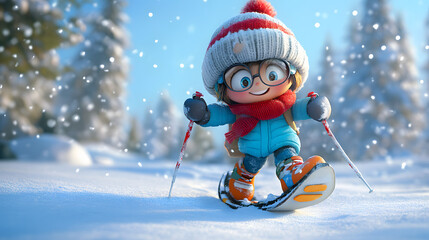 cartoon character cute snowshoeing and Winter Hiking
