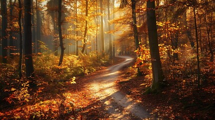 Obraz premium Serene Autumn Forest Path Illuminated by Soft Sunlight Through Colorful Leaves