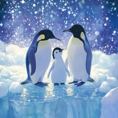 Obraz premium Adorable emperor penguin family standing together on ice floe in the arctic winter wonderland scene illustration