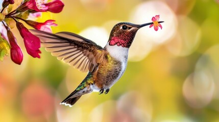 Fototapeta premium Hummingbird in flight with a flower in its beak against a bokeh background of pink and yellow hues nature photography