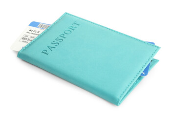 One passport with ticket isolated on white